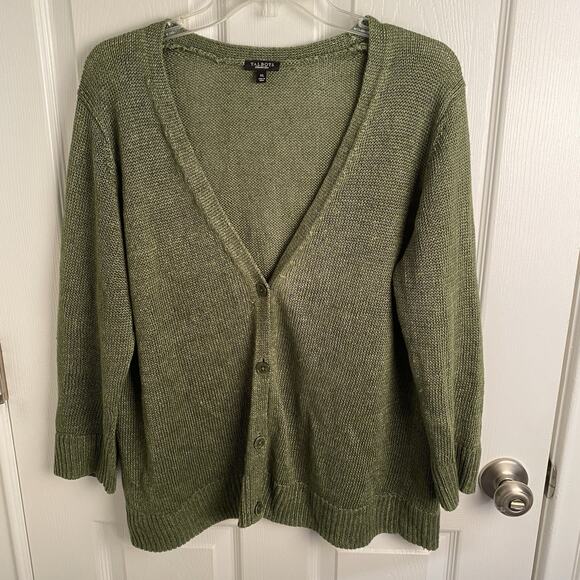 Talbots Sweater Womens XL Sage 100% Linen Button Front Cardigan Academia Luxury - Picture 1 of 4
